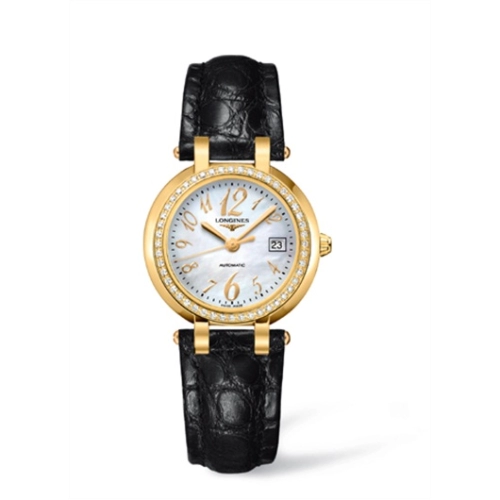 Longines L8.113.7.83.2 : PrimaLuna Automatic 30 Yellow Gold Diamond Leather Funky MOP