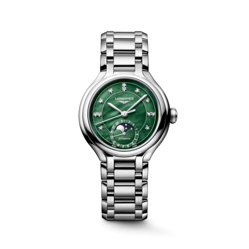 Longines L8.126.4.07.6 : PrimaLuna 34 Automatic Moonphase Stainless Steel / Green MOP