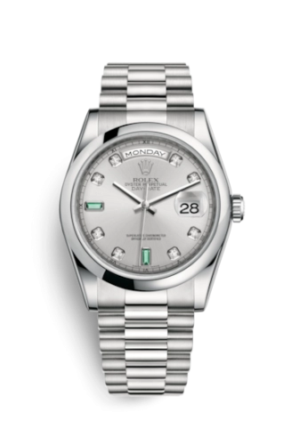 Rolex 118206-0114 : Day-Date 36 Platinum Domed / President / Silver Diamond Emerald