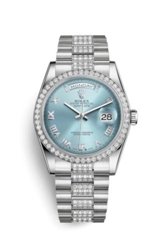 Rolex 118346-0044 : Day-Date 36 Platinum Diamonds / President Diamonds / Ice Blue Roman