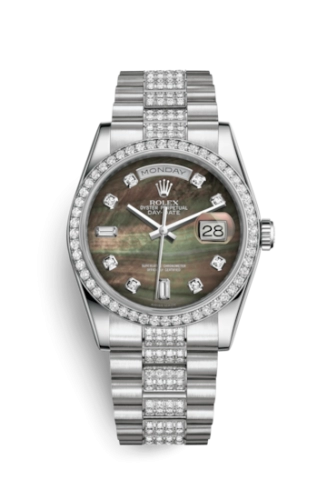 Rolex 118346-0074 : Day-Date 36 Platinum Diamonds / President Diamonds / Black MOP