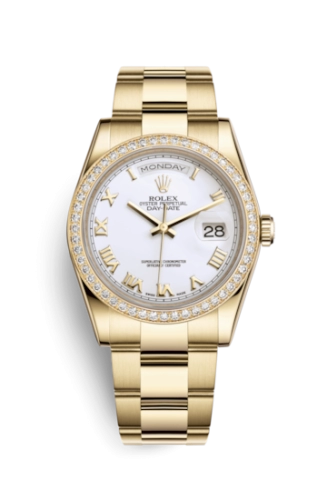 Rolex 118348-0150 : Day-Date 36 Yellow Gold Diamonds / Oyster / White Roman