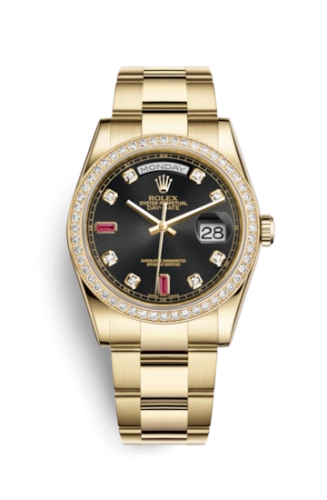Rolex 118348-0209 : Day-Date 36 Yellow Gold Diamonds / Oyster / Black Diamonds Rubies