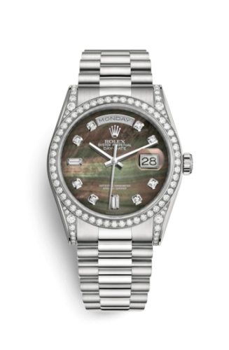 Rolex 118389-0010 : Day-Date 36 White Gold Diamonds / President  / Black MOP