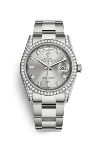 Rolex 118389-0072 : Day-Date 36 White Gold Diamonds / Oyster / Silver Diamond