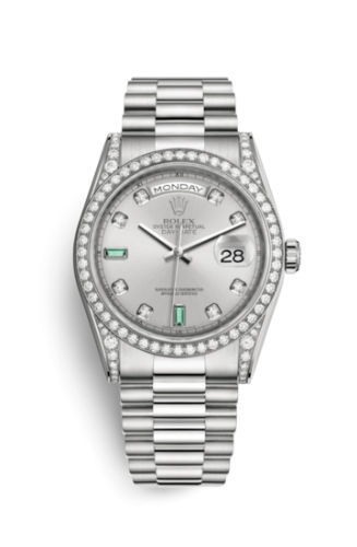Rolex 118389-0078 : Day-Date 36 White Gold Diamonds / President  / Silver Diamonds Emeralds