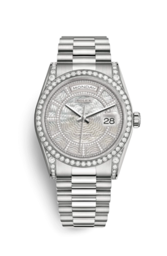Rolex 118389-0085 : Day-Date 36 White Gold Diamonds / President / MOP Carousel