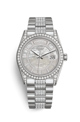 Rolex 118389-0095 : Day-Date 36 White Gold Diamonds / President Diamonds / MOP Carousel