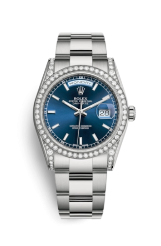 Rolex 118389-0125 : Day-Date 36 White Gold Diamonds / Oyster / Blue