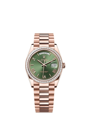 Rolex 128395TBR-0033 : Day-Date 36 Everose Gold - Baguette / Green - Roman  / President