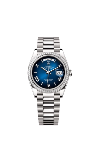 Rolex 128399TBR-0021 : Day-Date 36 White Gold - Baguette / Blue Ombré - Roman / President