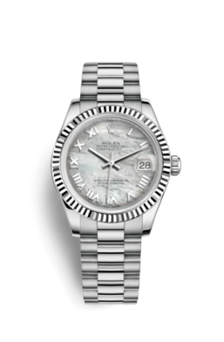 Rolex 178279-0064 : Datejust 31 White Gold Fluted / President / MOP Roman
