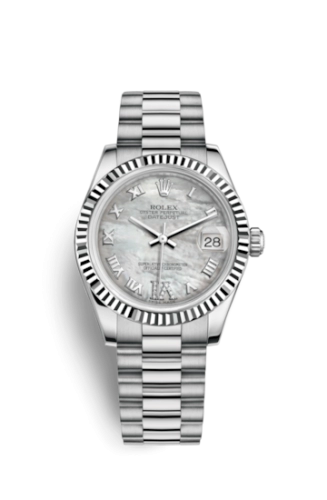 Rolex 178279-0073 : Datejust 31 White Gold Fluted / President / MOP Roman